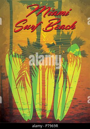 Vector Illustration zum Thema surfen und Surf Club Miami Grunge Hintergrund. Vintage Design. Typografie; t-shirt Grafik; Drucken; Poster; Banner; f Stock Vektor