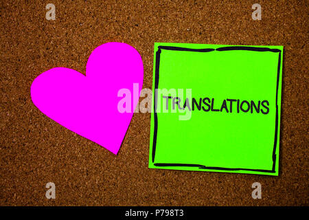 Schreiben Hinweis Übersicht Übersetzungen. Business foto Präsentation Schriftliche oder gedruckte Prozess der Wörter übersetzen Text stimme Liebe braune Farbe schön hart-ar Stockfoto