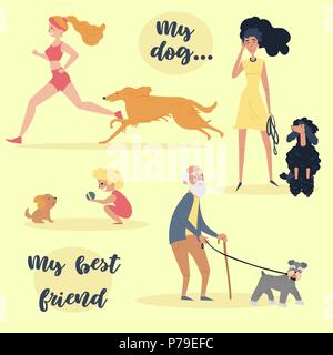 Leute mit Haustieren. Satz von verschiedenen Hundebesitzer Stock Vektor