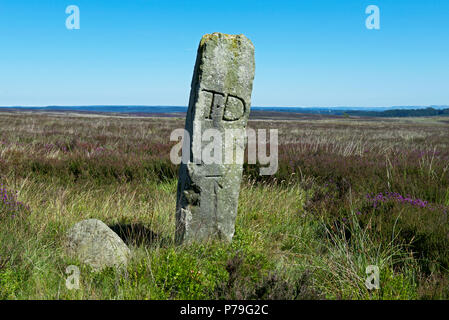 Bounday Stein mit TD (Thomas Duncombe), Rosedale, North York Moors National Park, North Yorkshire, England UK gekennzeichnet Stockfoto