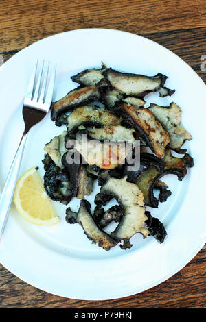 Platte der gebratenen frischen Paua (abalone), eine Delikatesse Meeresfrüchte in Neuseeland Stockfoto