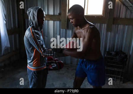 Trainer Unterstützung männliche Boxer im Boxhandschuh Stockfoto