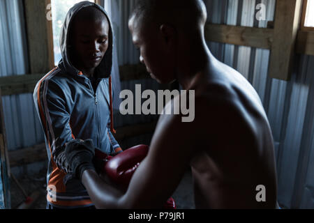 Trainer Unterstützung männliche Boxer im Boxhandschuh Stockfoto