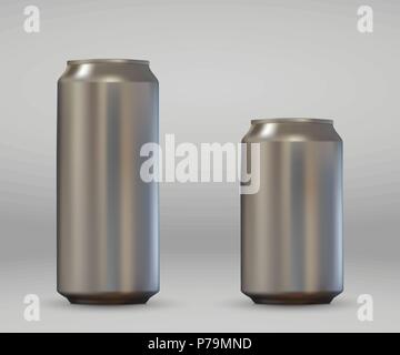 3d realistische leer Aluminium kann. Metallische Bier oder Limo pack Mockup auf weißem Hintergrund. Stock Vektor