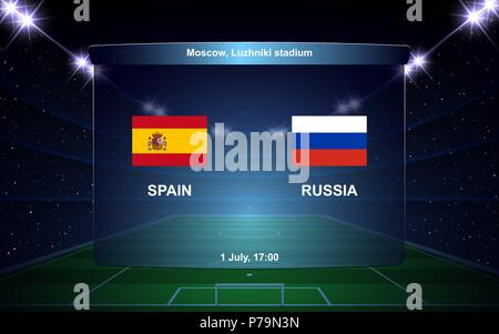 Spanien vs Russland Fußball-Anzeigetafel broadcast Grafik Fußball-Vorlage Stock Vektor