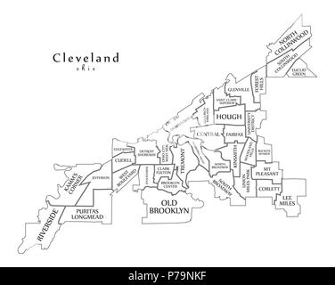 Moderne Stadtplan - Cleveland Ohio Stadt der USA mit Nachbarschaften und Titel Übersichtskarte Stock Vektor