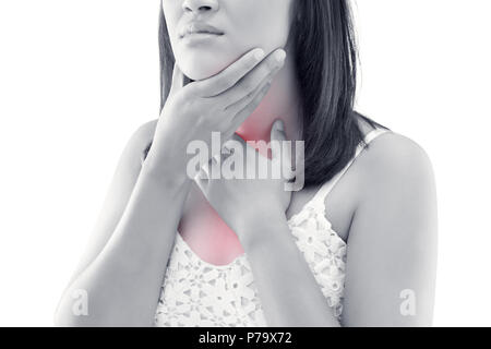 Asiatische Frauen Schilddrüse steuern. Halsschmerzen eines Volkes auf weißem Hintergrund. Menschen Körper problem Konzept Stockfoto