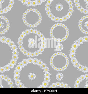 Daisy Runde Kranz nahtlose Muster auf grauem Hintergrund. Chain-Like Blumenmuster für Hochzeit, romantische Ereignis etc. Hintergrund, Geschenkpapier, Textil. Stockfoto