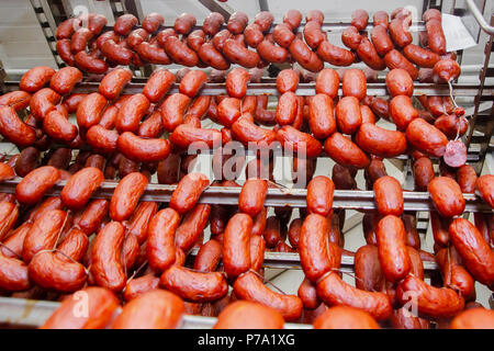 Wurst. Wurst Produktionslinie. Wurst auf dem Zähler für die räucherkammer. Die industrielle Herstellung von Würstchen. Stockfoto