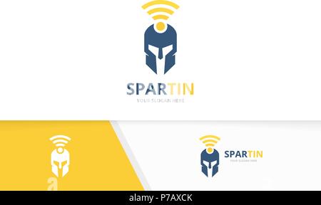 Vektor spartanisch und Wlan logo Kombination. Helm und Signal Symbol oder Icon. Einzigartige Krieger und radio Logo Design Template. Stock Vektor