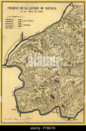 España. Catalunya. Primera guerra carlista (1833-1840). Croquis de la Acción de Mayals del 10 de abril de 1834. Stockfoto