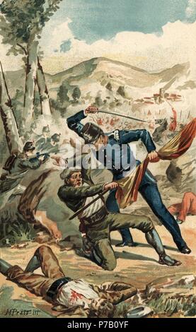 España. Primera guerra carlista (1833-1840). Asalto a un Reducto de Ager el 11 de febrero de 1839. Grabado de 1870. Stockfoto