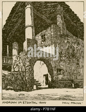 Andrian im Etschtal 1899. Blatt aus: "Bilder aus Südtirol", München 1909. Dieser Medien zeigt das kulturelle Erbe Denkmal mit der Nummer13729 in Südtirol. . 1899 62 Pfann Bilder aus Tirol 18. Stockfoto