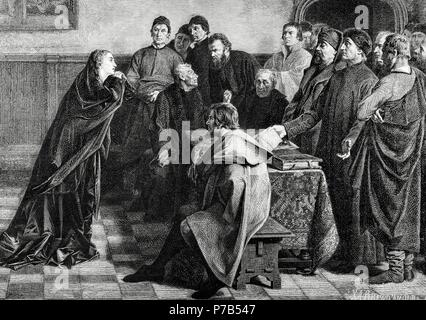 Maria von Burgund (1457-1482). Herzogin von Burgund und Brabant. Maria von Burgund stellen die Ratsherren von Gent. Kupferstich von R. Brend'Amour. Die Illustration, 1883. Stockfoto