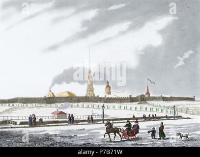 18. Jahrhundert. Russland. St. Petersburg. Peter und Paul-Festung und Newa. Gravur (19. Jahrhundert). Farbige. Stockfoto