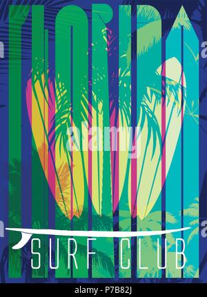 Vector Illustration zum Thema surfen und Surf Club Florida Grunge Hintergrund. Vintage Design. Typografie; t-shirt Grafik; Drucken; Poster; Banner; Stock Vektor