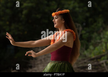 Hawaii Hula Tänzer im Kostüm tanzen Stockfoto