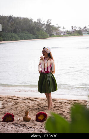 Hawaii Hula Tänzer im Kostüm tanzen Stockfoto