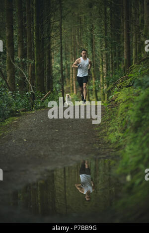 Man joggen in üppiger Wald Stockfoto