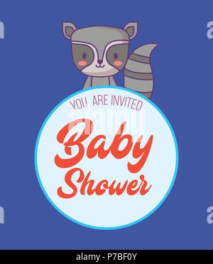 Baby Einladung mit niedlicher Waschbär Symbol auf blauem Hintergrund Dusche, farbenfrohen Desing. Vector Illustration Stock Vektor