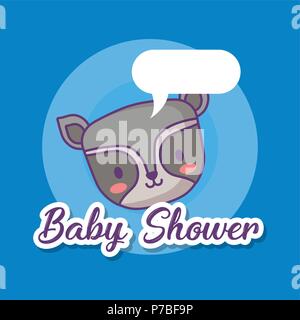 Baby design Dusche mit niedlicher Waschbär und die Sprechblase über blauen Hintergrund, farbenfrohen Design. Vector Illustration Stock Vektor