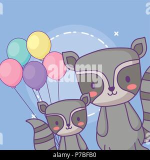 Süße Waschbären mit Ballons über blauen Hintergrund, farbenfrohen Design. Vector Illustration Stock Vektor