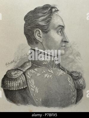 Simon Bolivar (1793-1830). Militärische und venezolanischer Staatsmann, genannt "Der Befreier". Porträt.  Gravur in "Americanos Celebres", 1888. von E. Vilardell. Stockfoto