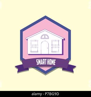 Emblem von Smart Home Design mit modernen Haus Symbol auf gelbem Hintergrund, farbenfrohen Design. Vector Illustration Stock Vektor