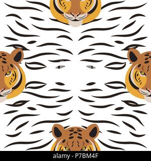 Tiger. Kopf, Tiger streifen, weisser Hintergrund. Nahtlose Muster. Cartoon Stil Stock Vektor