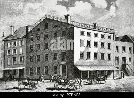 USA. New York City. Fraunces Tavern, der Ort, wo George Washington Abschied zu seiner Offiziere am 4. Dezember 1783, der Rücktritt als ein Commander-in-Chief der Kontinentalarmee nach dem US-Sieg hieß. Gravur. Stockfoto