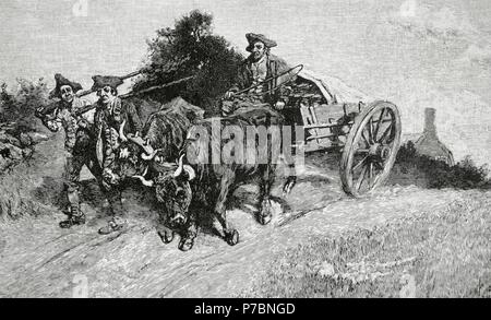 Amerikanischer Unabhängigkeitskrieg (1775-1783). Kolonisten fahren einen Wagen mit Pulver für die Schlacht von Bunker Hill, 1775. Kupferstich von Howard Pyle in Zeitschrift Harpers, 1886. Stockfoto