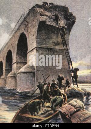 Der Erste Weltkrieg (1914-1918). Angriff Brücke im Fluss Piave" Fiume Sacro alla Patria" (Fluss Heilig Land) in Erinnerung an die harte Kämpfe auf tis Banken während des ersten Weltkrieges, 1916 gekämpft. Zeichnung von Achille Beltrame (1871-1945). La Domenica del Corriere, 1916. Stockfoto