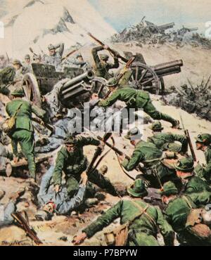 Der Erste Weltkrieg (1914-1918). Italienische Front. Italienische Armee mit Bajonett die Bekämpfung der österreichisch-ungarischen Truppen. Trentino, Norditalien. Zeichnung von Achille Beltrame (1871-1945). La Domenica del Corriere, 1917. Farbe. Stockfoto