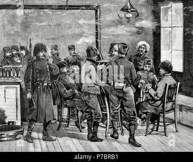 Königreich von Serbien. Herrschaft von König Milan von Serbien (1854-1901). Belgrad: Militär und Zivilisten, die Diskussion über Politik in einer Taverne. Kupferstich von Rico. La Ilustracion Espanola y Americana, 1885. Stockfoto