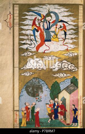 Der Prophet Muhammad im Paradies mit wunderschönen Frauen. An der Unterseite Mohammed der Mönch Abd al-Muttalib und die Einwohner von Mekka vorgelegt. Miniatur einer persischen Handschrift. Topkapi Palace Museum. Bibliothek. Istanbul. Turkei. Stockfoto