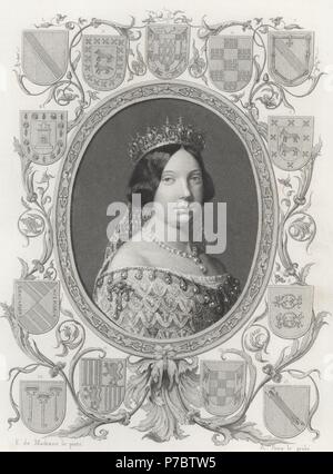 Isabel II (1830-1904), Reina de España, rodeada de Los Escudos de La primera Cosecha descendencias según las de Sandoval. Grabado de 1853. Stockfoto