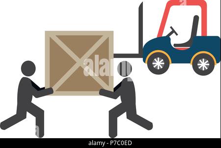 Lieferung Arbeitnehmer mit Holzkisten und Gabelstapler Vector Illustration Design Stock Vektor