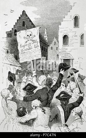 USA. New York. 18. Jahrhundert. Proteste der Stamp Act 1765 vom Parlament of Great Britain, die eine direkte auf den dreizehn britischen Kolonien Britisch Amerika Steuer bestellt. Gravur. Die amerikanische Revolution. Stockfoto