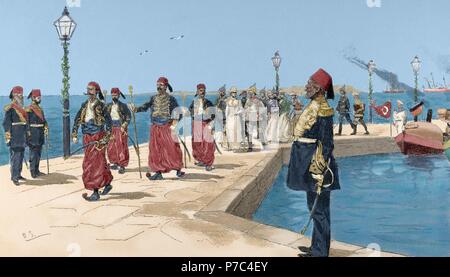 Reise des Kaisers von Deutschland, Wilhelm II., nach Palästina. Eingang der Kaiser in Haifa, 1898. Gravur in der Abbildung. Farbige. Stockfoto