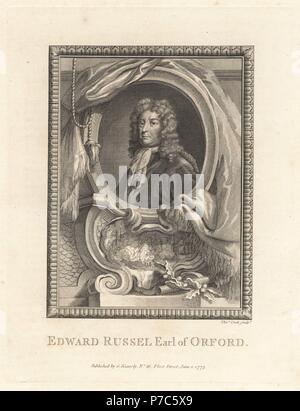 Edward Russell, 1st Earl of Orford, Admiral der Flotte, 1653-1727, in Oval, oben Vignette einer Seeschlacht. Kupferstich von Thomas Cook von der Kupferplatte Magazin oder monatliche Schatz, G. Kearsley, London, 1778. Stockfoto