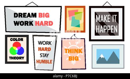 Büro inneren Bildern ein Vektor. Verschiedene Rahmen mit Motivationalen Text. Isolierte Abbildung Stock Vektor