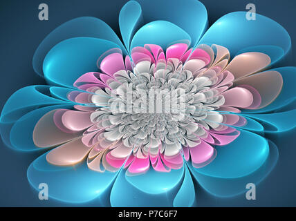 Mehrfarbige symmetrische Fraktal-Muster als Blume oder Schmetterling in Buntglas-Fenster-Stil. Computergenerierte Grafiken. Stockfoto