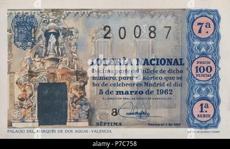 España. Décimo de la Lotería Nacional del sorteo del 5 de marzo de 1962. Palacio del Marqués de Dos Aguas, Valencia. Stockfoto