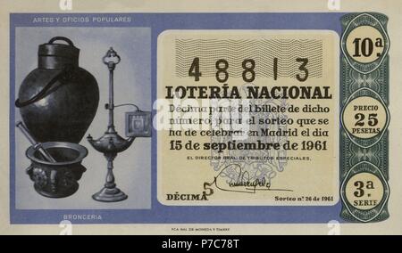 España. Décimo de la Lotería Nacional del sorteo del 15 de Septiembre de 1961. Serie Artes y oficios Populares. Broncería. Stockfoto