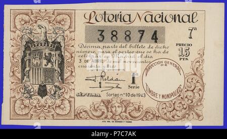 España. Décimo de la Lotería Nacional del sorteo del 3 de Abril de 1943. Escudo de España. Stockfoto