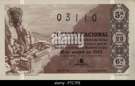 España. Décimo de la Lotería Nacional del sorteo del 16 de Mayo de 1962. Montserrat. Stockfoto