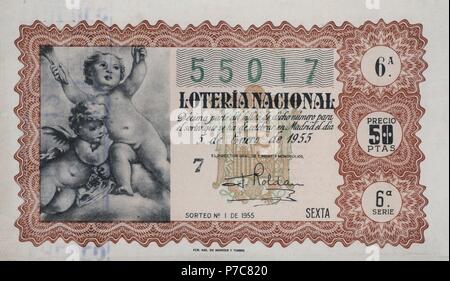 España. Décimo de la Lotería Nacional del sorteo del 5 de Enero de 1955. Niño. Stockfoto