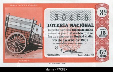 España. Décimo de la Lotería Nacional del sorteo del 26 de Oct de 1961. Serie Artes y oficios Populares. Carreteria. Stockfoto