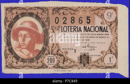 España. Décimo de la Lotería Nacional del del 22 de Dcieimbre Sorteo de 1948. Mercurio, Dios del Comercio según la mitología Romana. Stockfoto