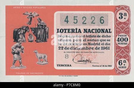 España. Décimo de la Lotería Nacional del sorteo del 22 de November de 1961. Serie Artes y oficios Populares. Figuras de Nacimiento. Stockfoto